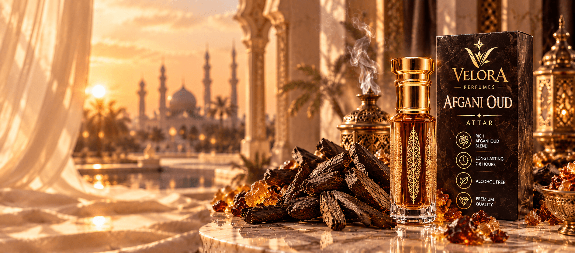 Velora Afgani Oud Attar bottle and presentation box in sunset palace