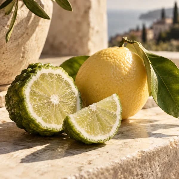Freshly cut bergamot and lemon on limestone