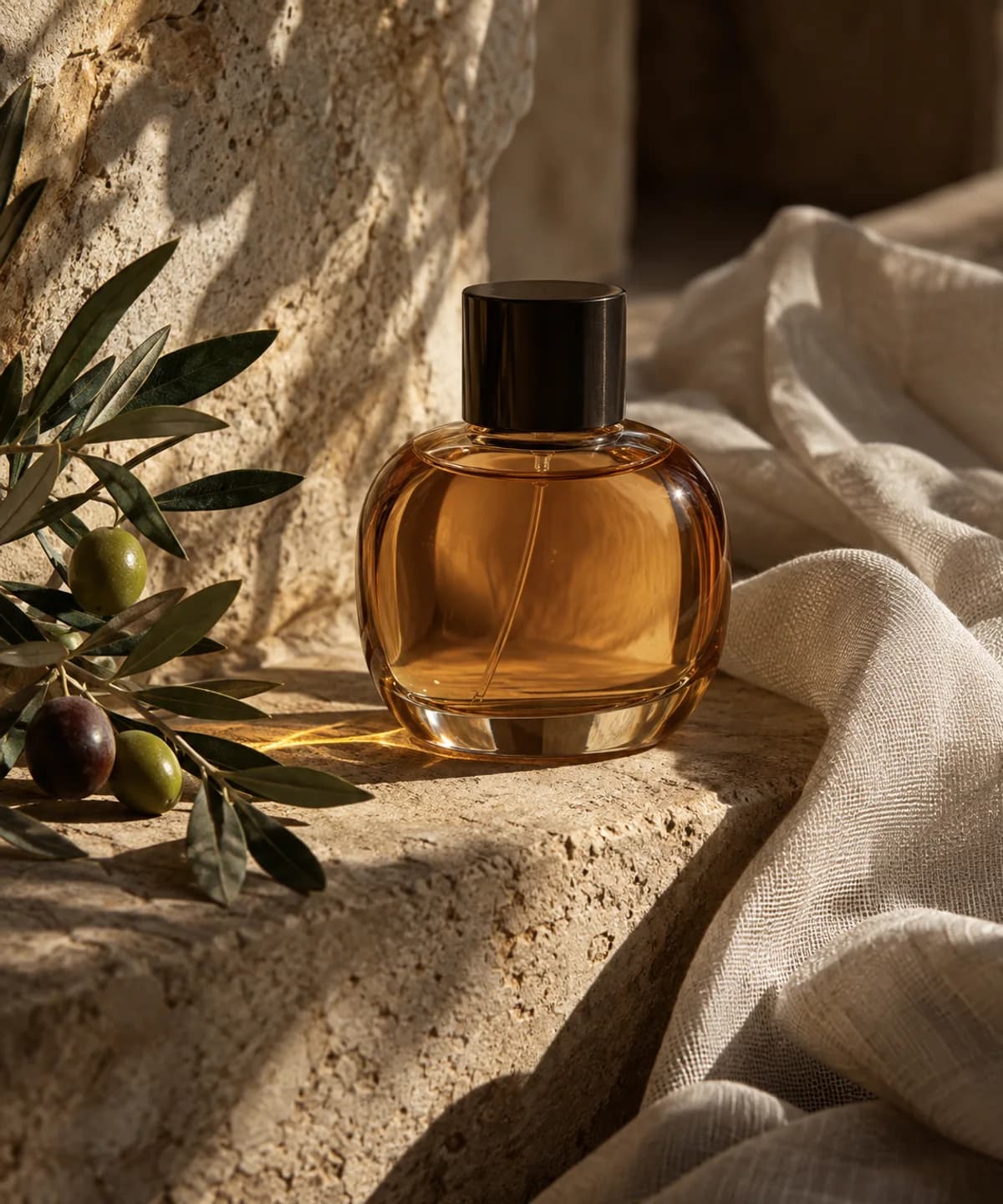 Amber perfume, olive branches and soft linen on sunlit sandstone