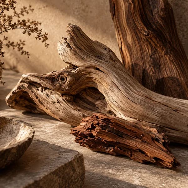 Sculptural warm sandalwood on stone