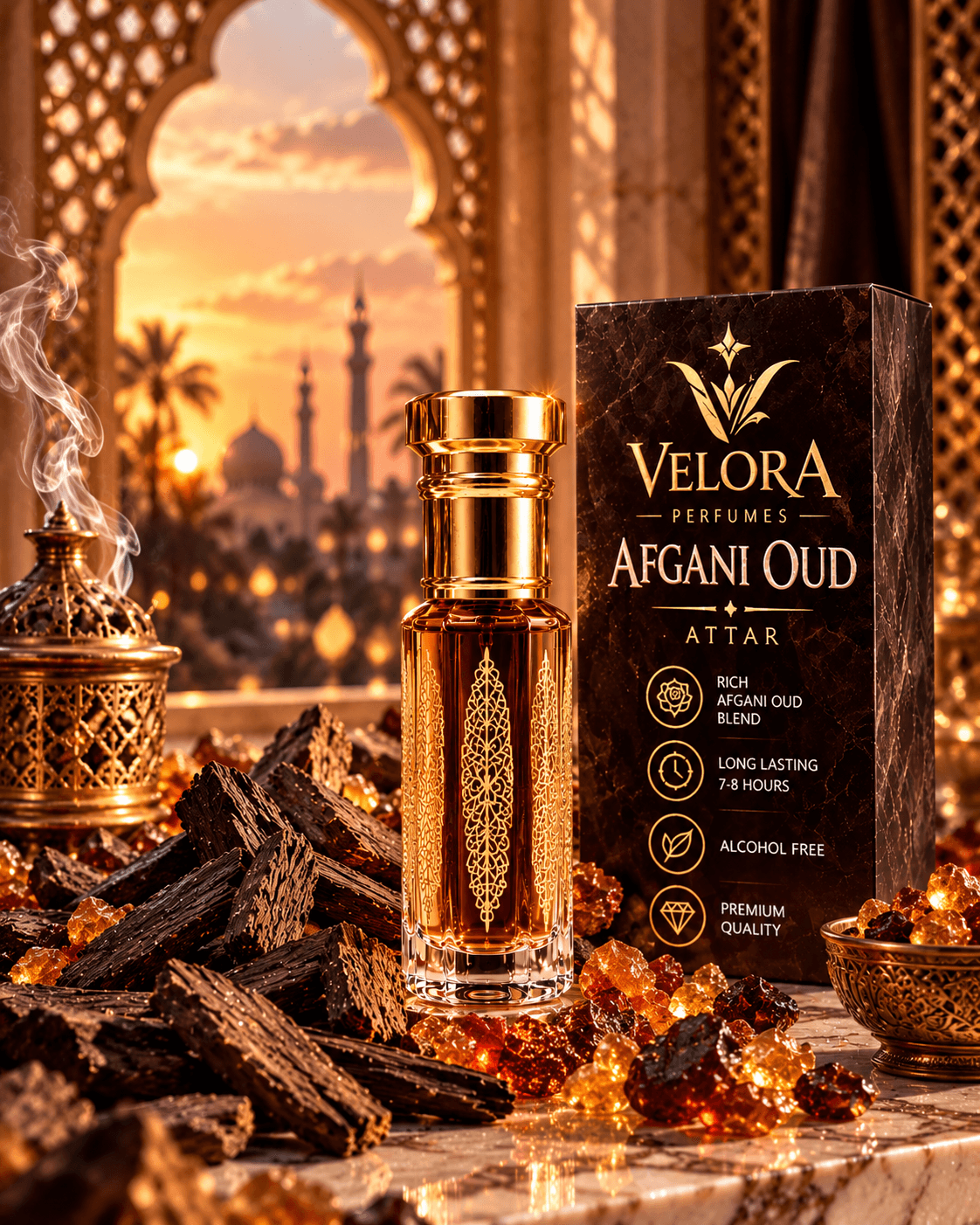Velora Afgani Oud Attar bottle and presentation box in sunset palace